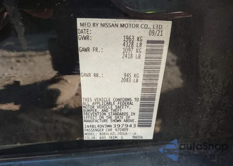 2021 Nissan Altima Sv Fwd z USA, uszkodzony, nr VIN 1N4BL4DV3MN397943